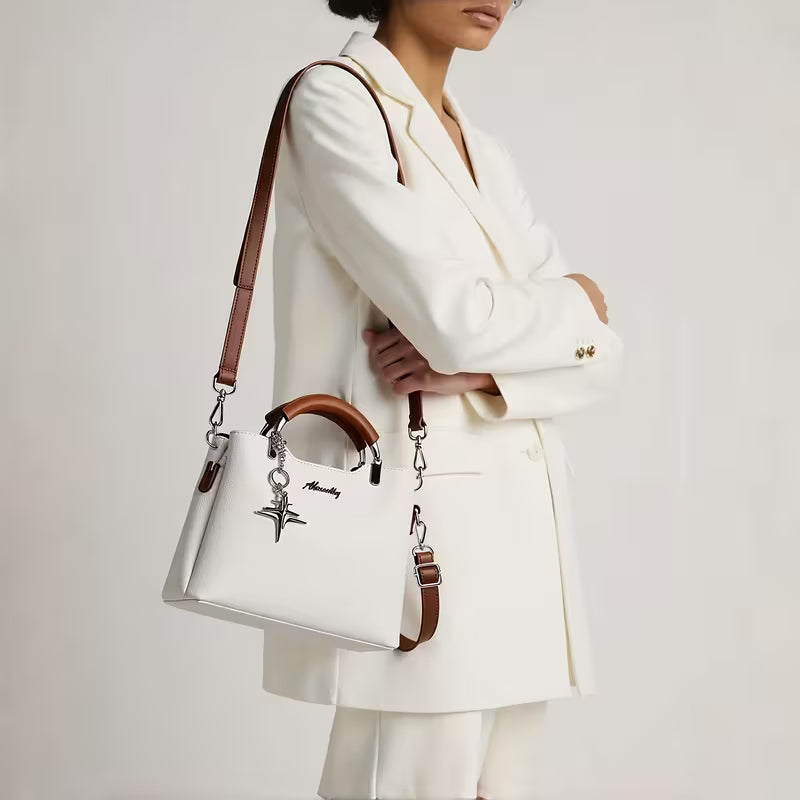 Modern Two-Tone Commuter Satchel – Elegant Top-Handle Handbag with Crossbody Strap & Star Charm