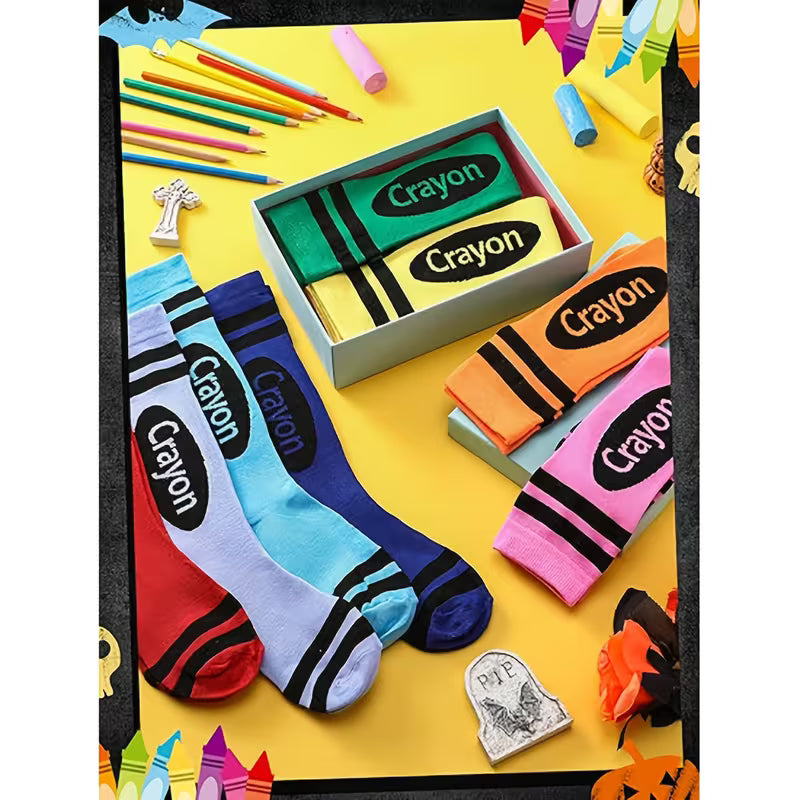 🖍️  Crayon-Themed Colorful Striped Knee-High Socks (8-Pack)