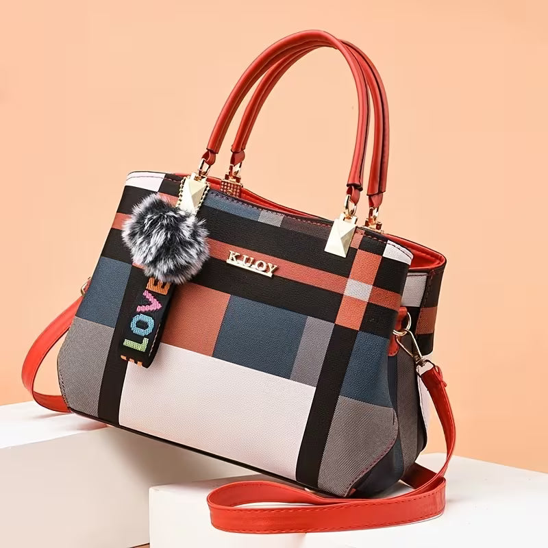 Chic Color-Block Plaid Satchel - Red variant