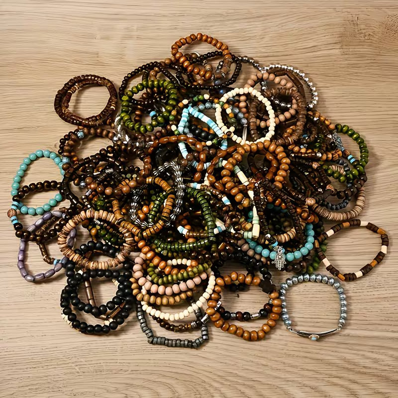 Earthy Vibes: 36-Pack Assorted Wooden Beaded Boho Bracelets