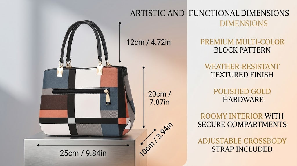 Chic Color-Block Plaid Satchel – Women’s Handbag with Pom-Pom Charm