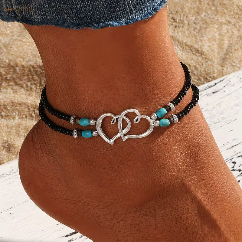 Summer Vibe: "Heartfelt Connection" Boho Double-Heart Anklet Set (4-pack)