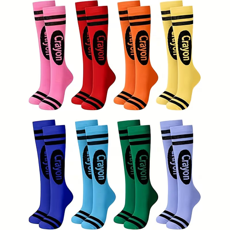 🖍️  Crayon-Themed Colorful Striped Knee-High Socks (8-Pack)