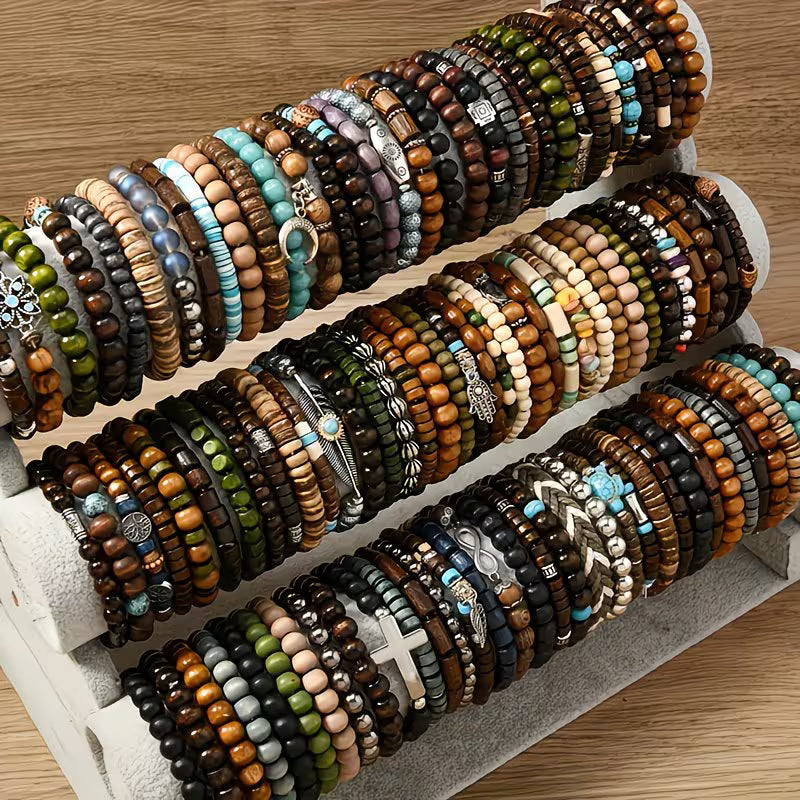 Earthy Vibes: 36-Pack Assorted Wooden Beaded Boho Bracelets