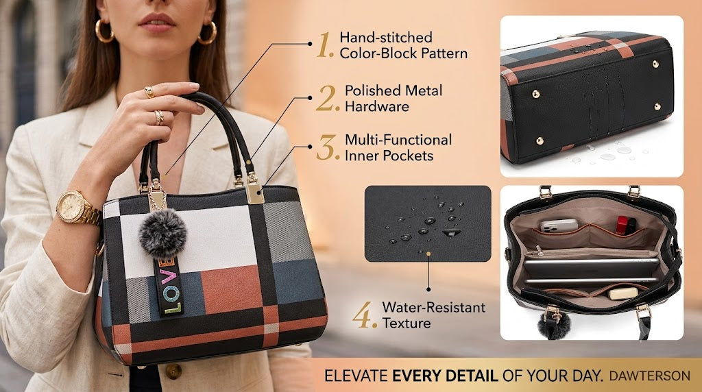 Chic Color-Block Plaid Satchel – Women’s Handbag with Pom-Pom Charm