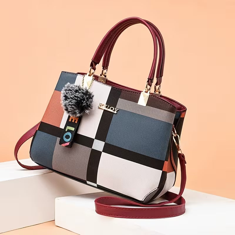 Chic Color-Block Plaid Satchel - Burgundy variant