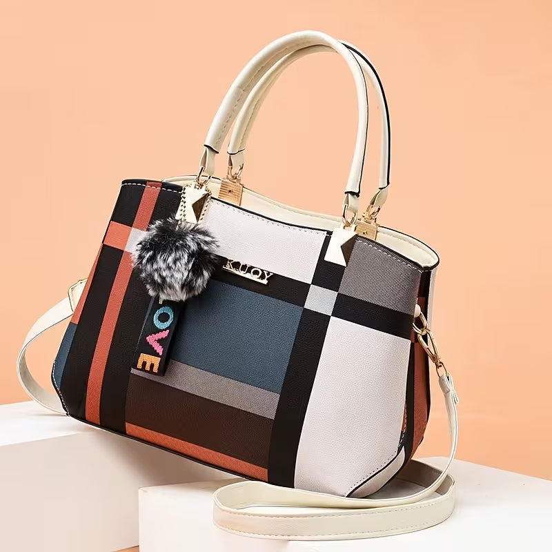 Chic Color-Block Plaid Satchel - Beige variant