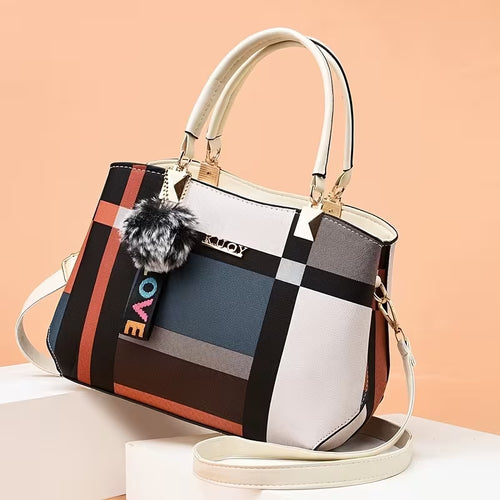 Chic Color-Block Plaid Satchel - Beige variant