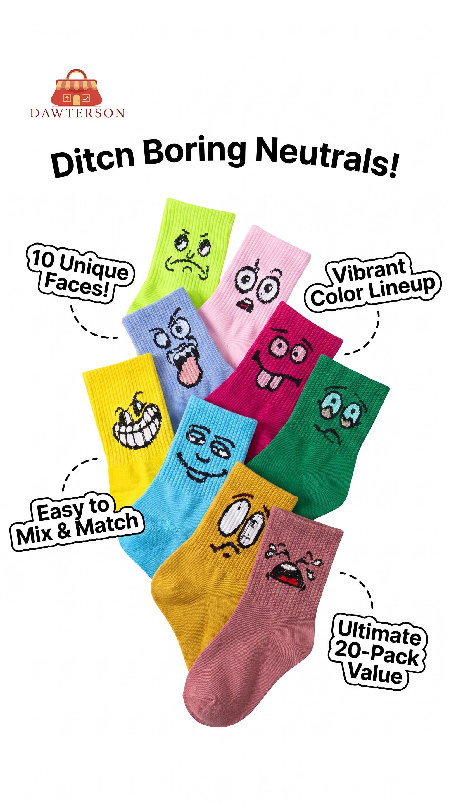 🤪 Facial Expressive Cartoon Face Mid-Calf Socks (20- Pack)