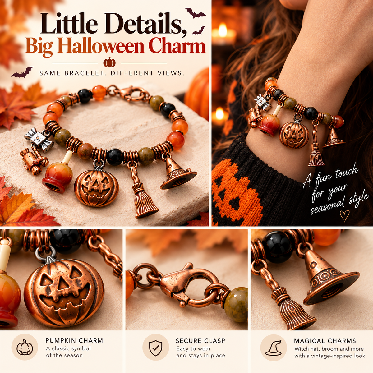 Halloween bracelet multi-view collage with wrist styling, jack-o-lantern charm, lobster clasp and witch hat detail