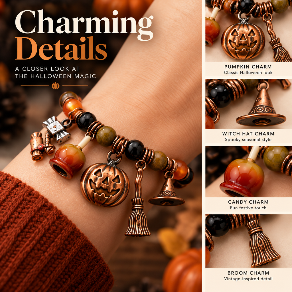 Close-up detail of Halloween charm bracelet featuring pumpkin, witch hat, candy and broom charms