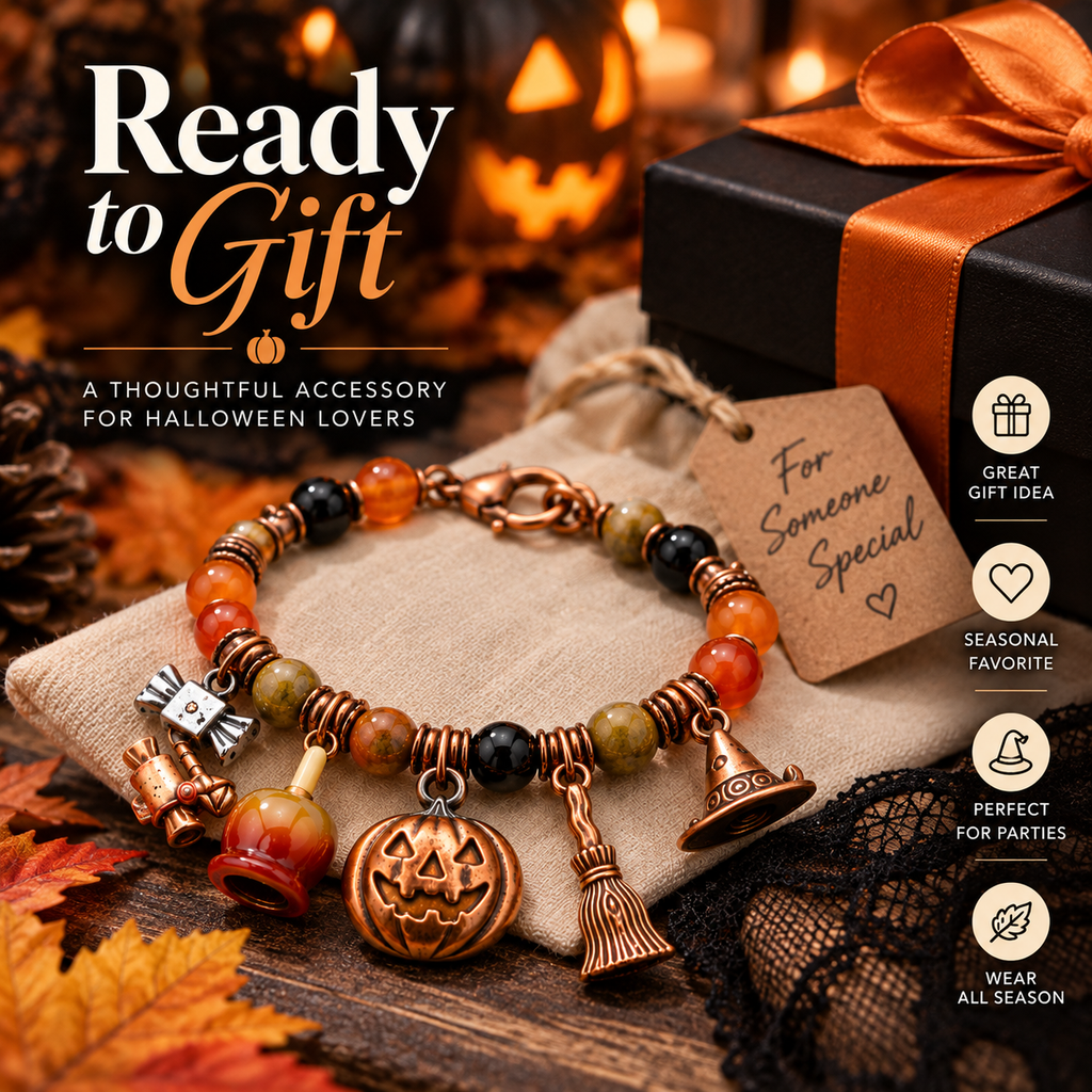 Halloween pumpkin charm bracelet with autumn styling and decorative gift box; box not included