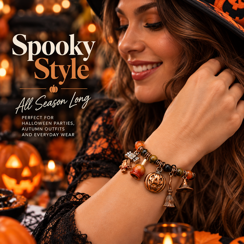 Woman wearing Halloween pumpkin charm bracelet with orange, black and olive beads at an autumn gathering