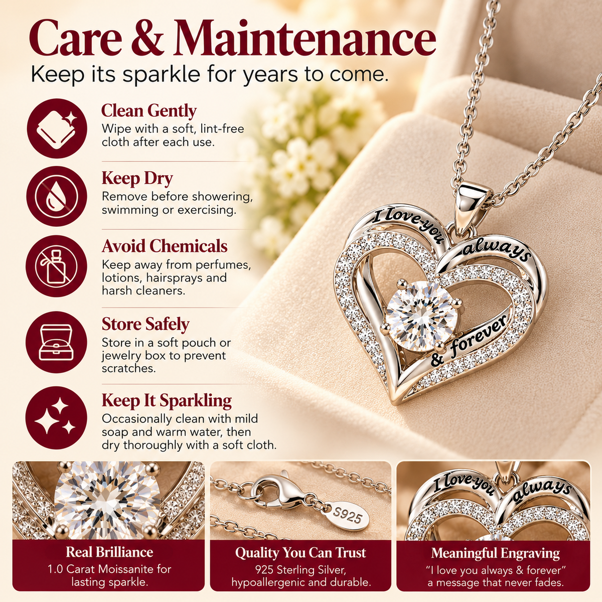 Always in My Heart Moissanite Necklace care and maintenance
