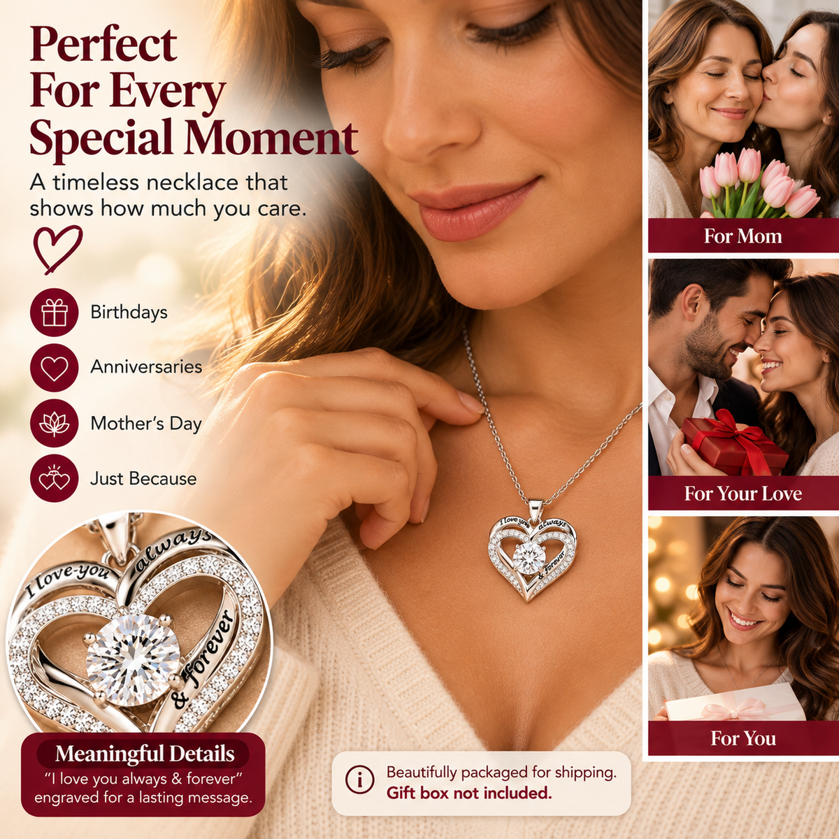 Always in My Heart Moissanite Necklace special occasions gift box not included