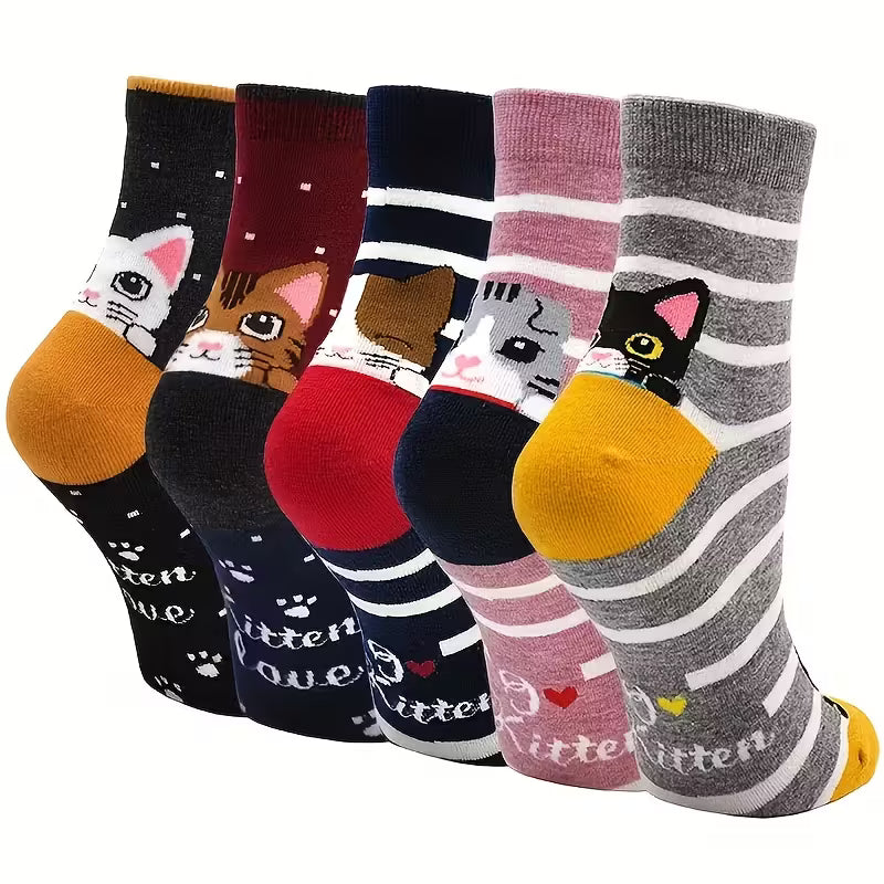 🐾 "Meow-velous" Mid-Calf Sock Set (5-Pack)