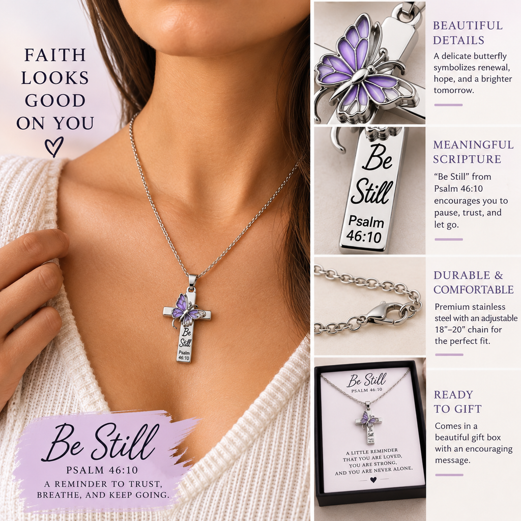 Be Still Butterfly Scripture Cross Necklace lifestyle and detail infographic