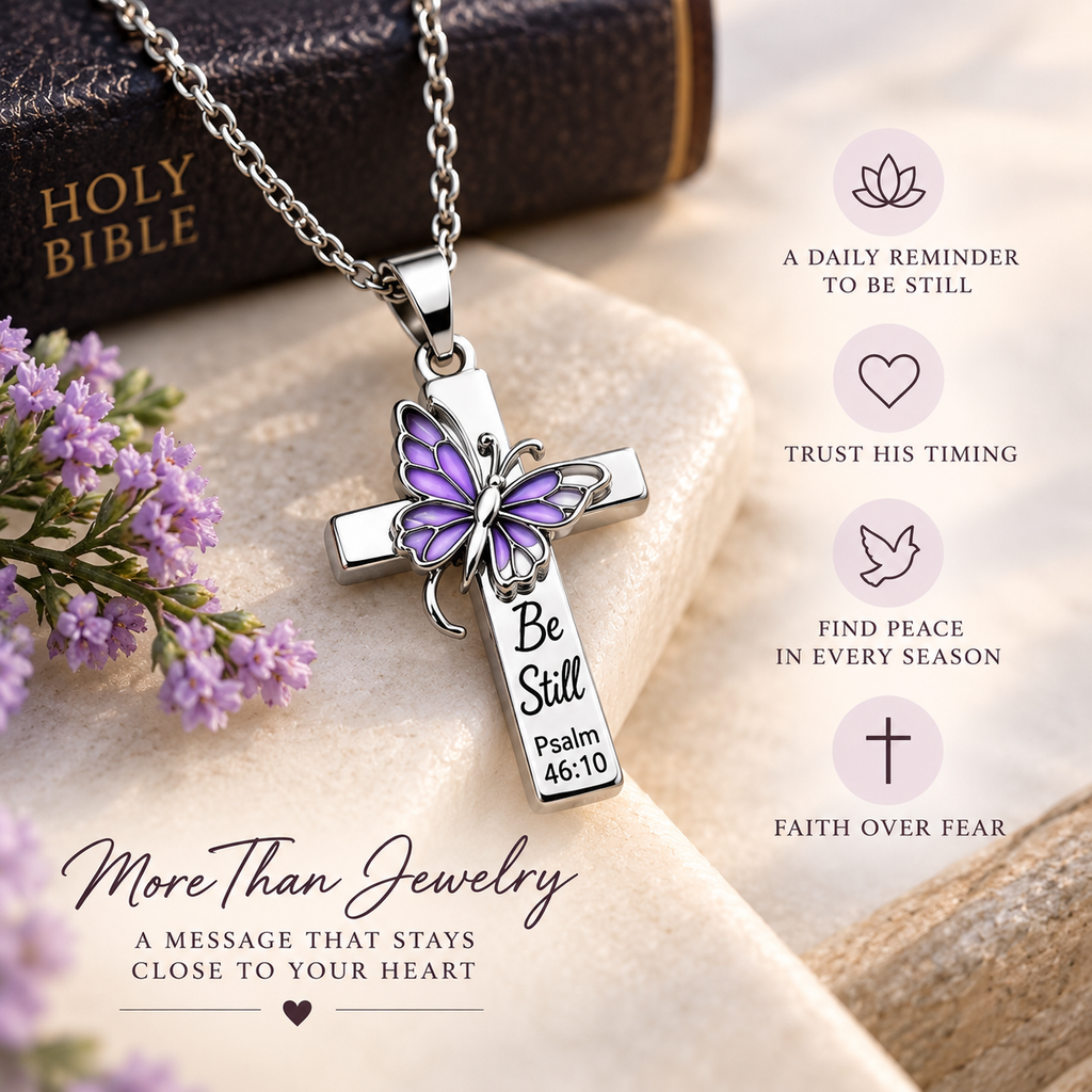 Be Still Butterfly Scripture Cross Necklace faith-inspired detail image