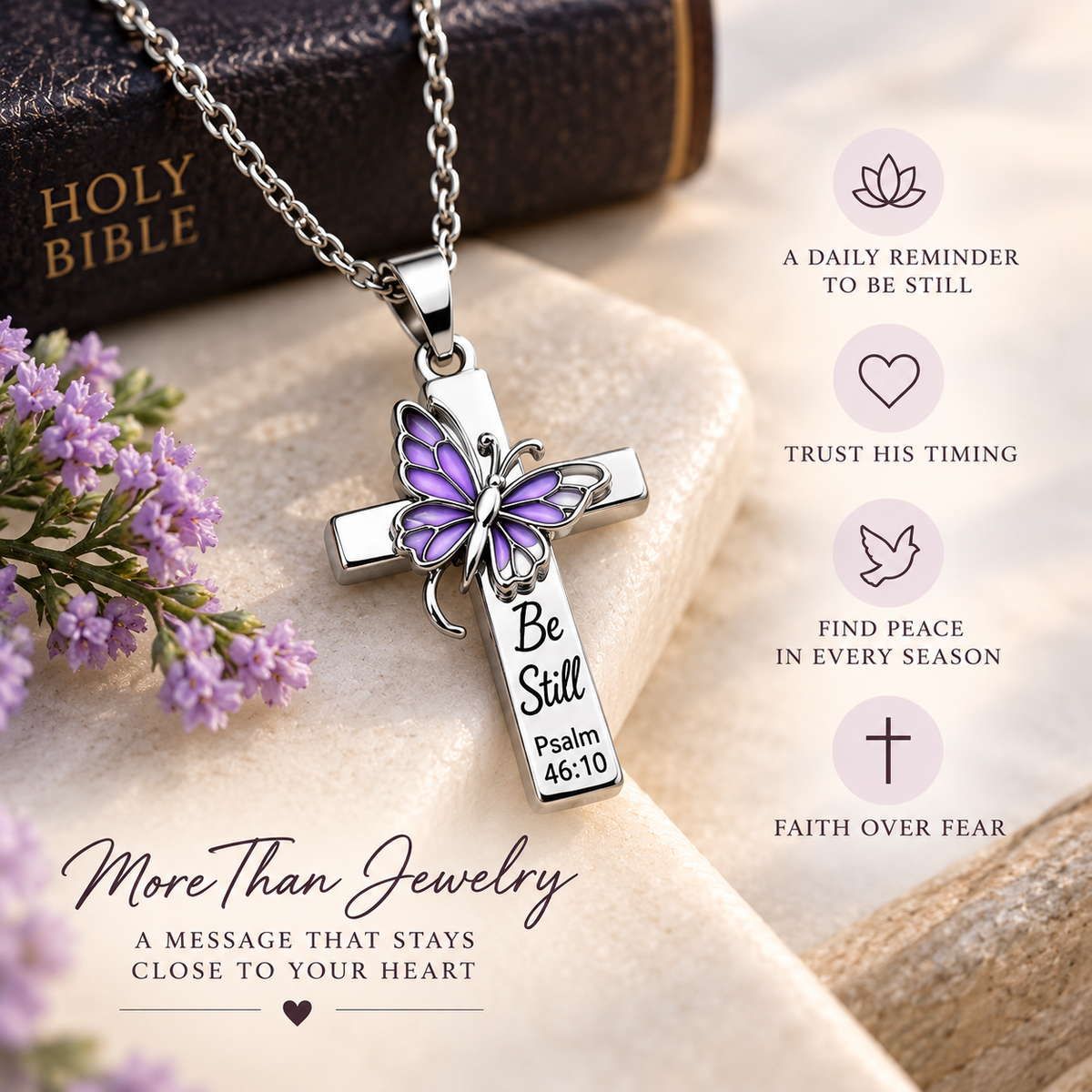 Be Still Butterfly Scripture Cross Necklace faith-inspired detail image