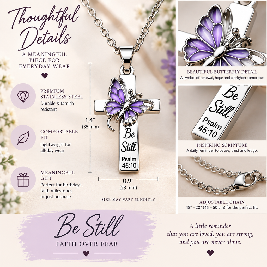 Be Still Butterfly Scripture Cross Necklace final detail infographic