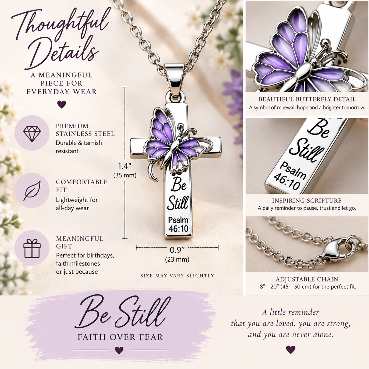 Be Still Butterfly Scripture Cross Necklace final detail infographic