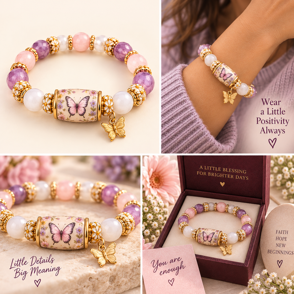 Bloom and Believe Butterfly Charm Bracelet lifestyle and detail collage
