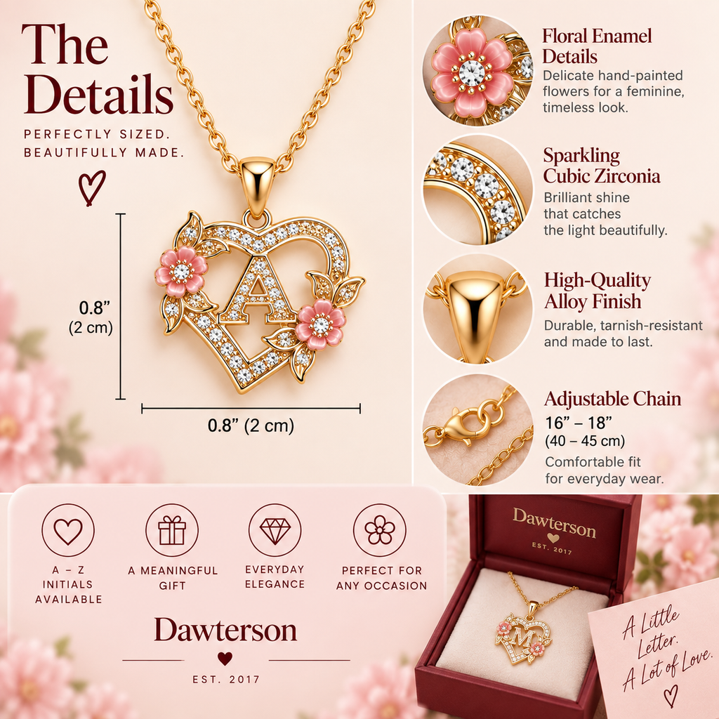 Blooming Initial Heart Necklace size and specification guide