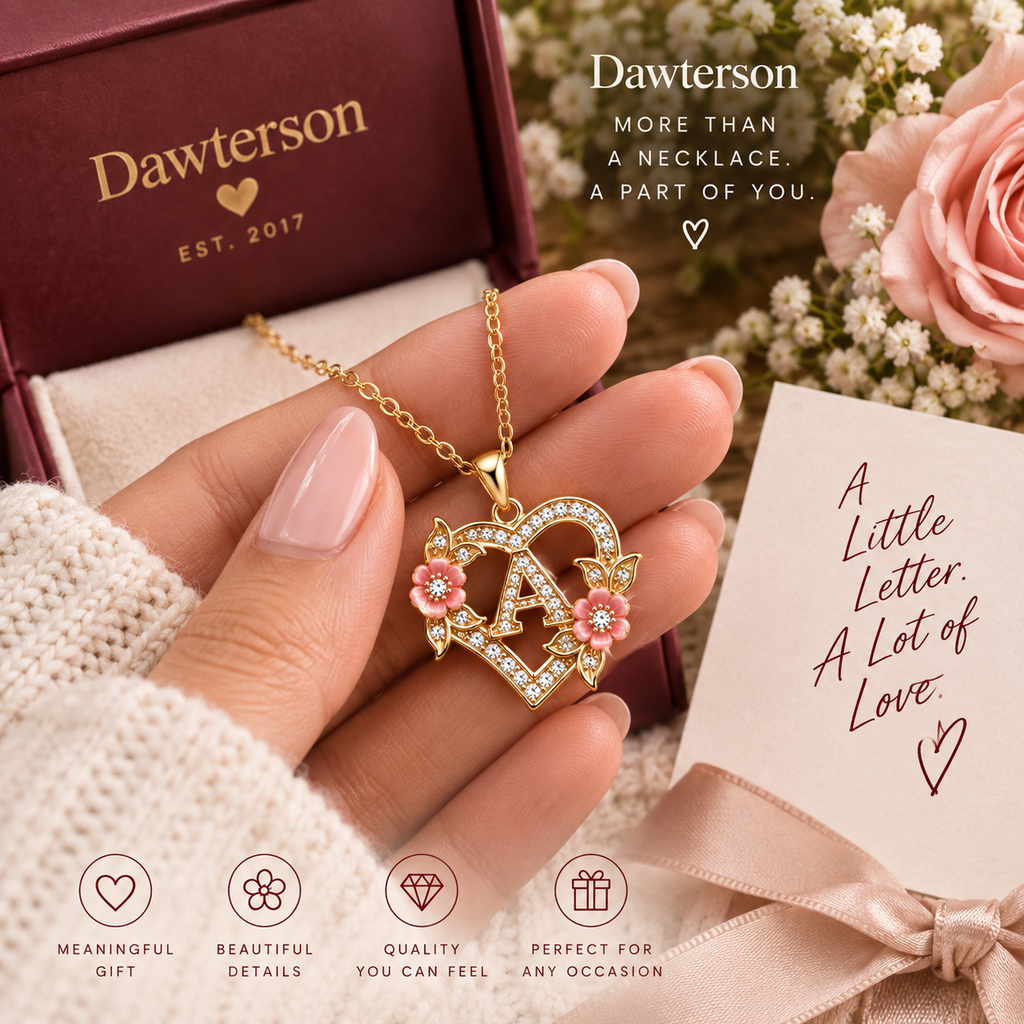 Customer-style close-up of Blooming Initial Heart Necklace with floral crystal details