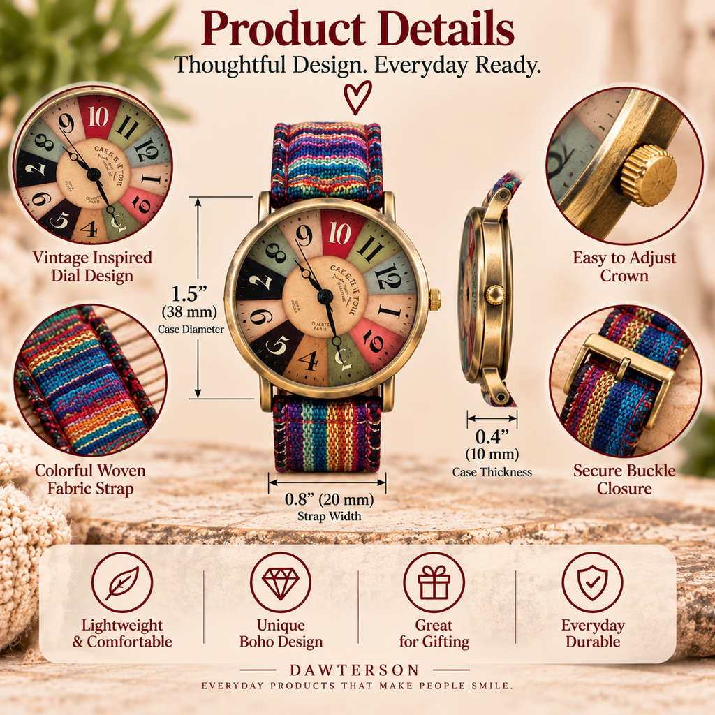 Bohemian Rainbow Vintage Quartz Watch product details infographic