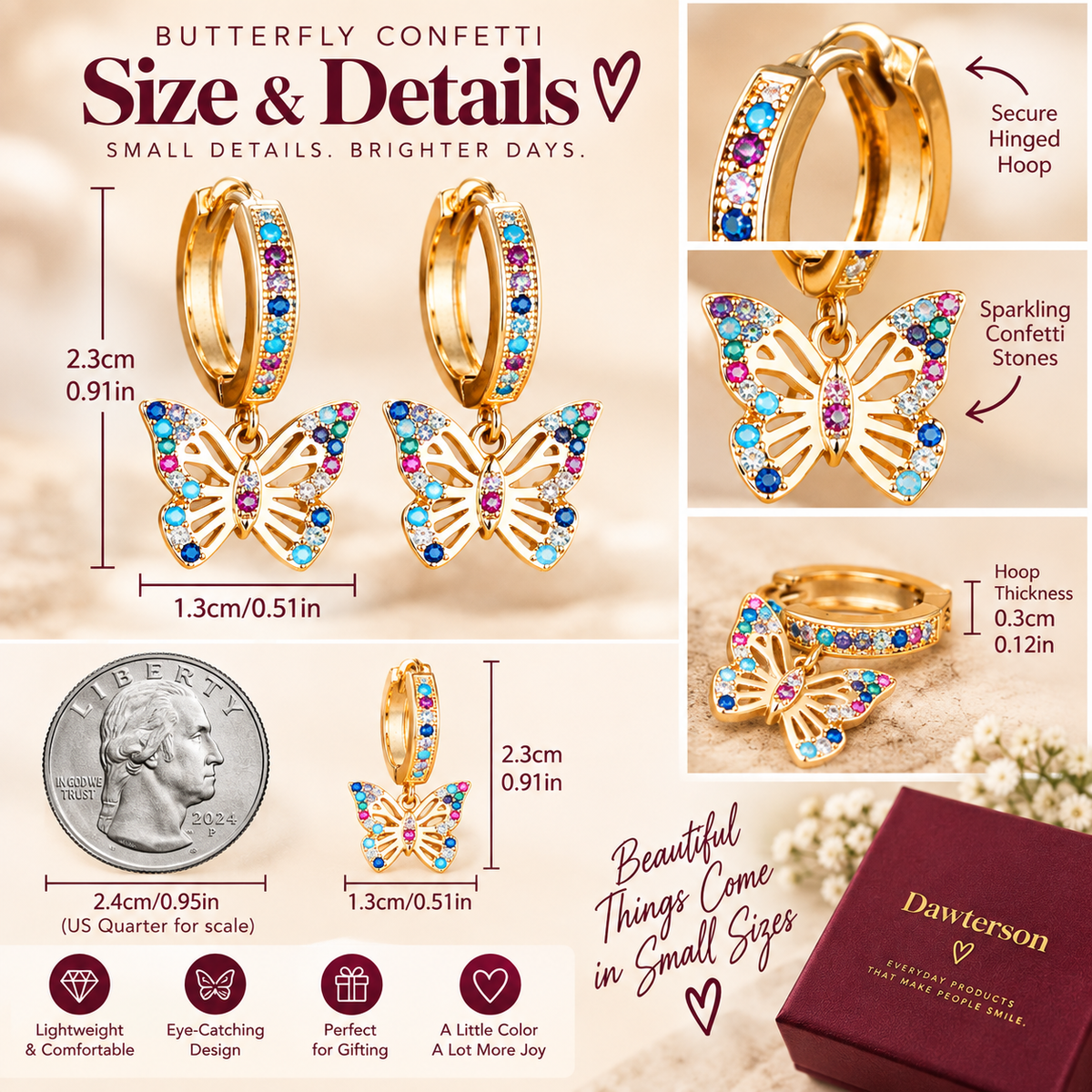 Butterfly Confetti Hoop Earrings size and details