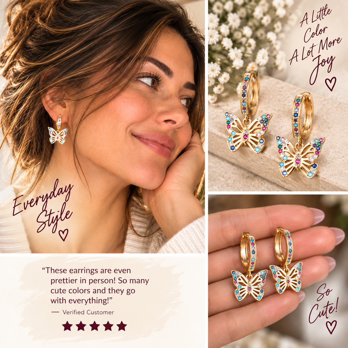 Butterfly Confetti Hoop Earrings three-image real-life collage
