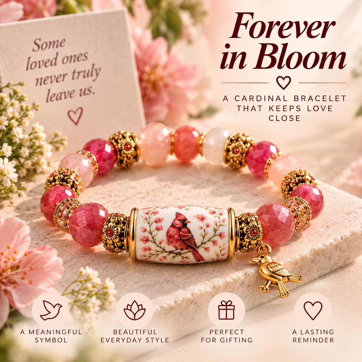 Cardinal in Bloom Keepsake Bracelet with rose beads, floral cardinal focal bead and gold-tone bird charm