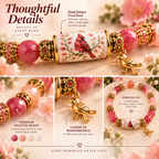 Cardinal in Bloom Keepsake Bracelet detail collage showing cardinal focal bead, gold bird charm, faceted beads and stretch fit
