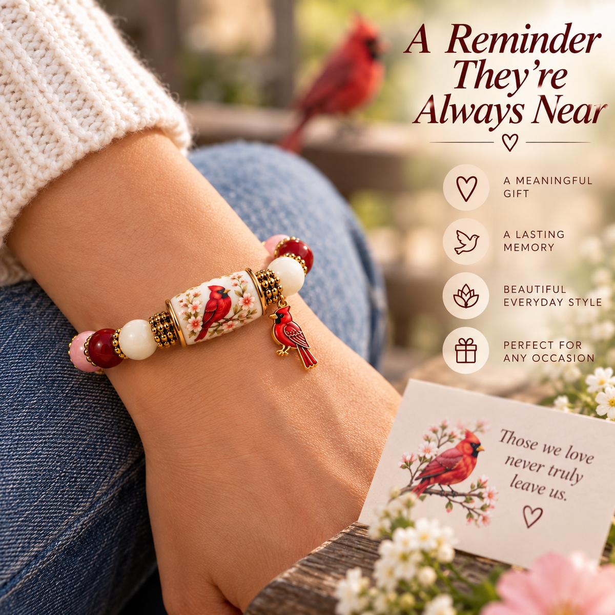 Cardinal Remembrance Beaded Bracelet final lifestyle image with memorial message