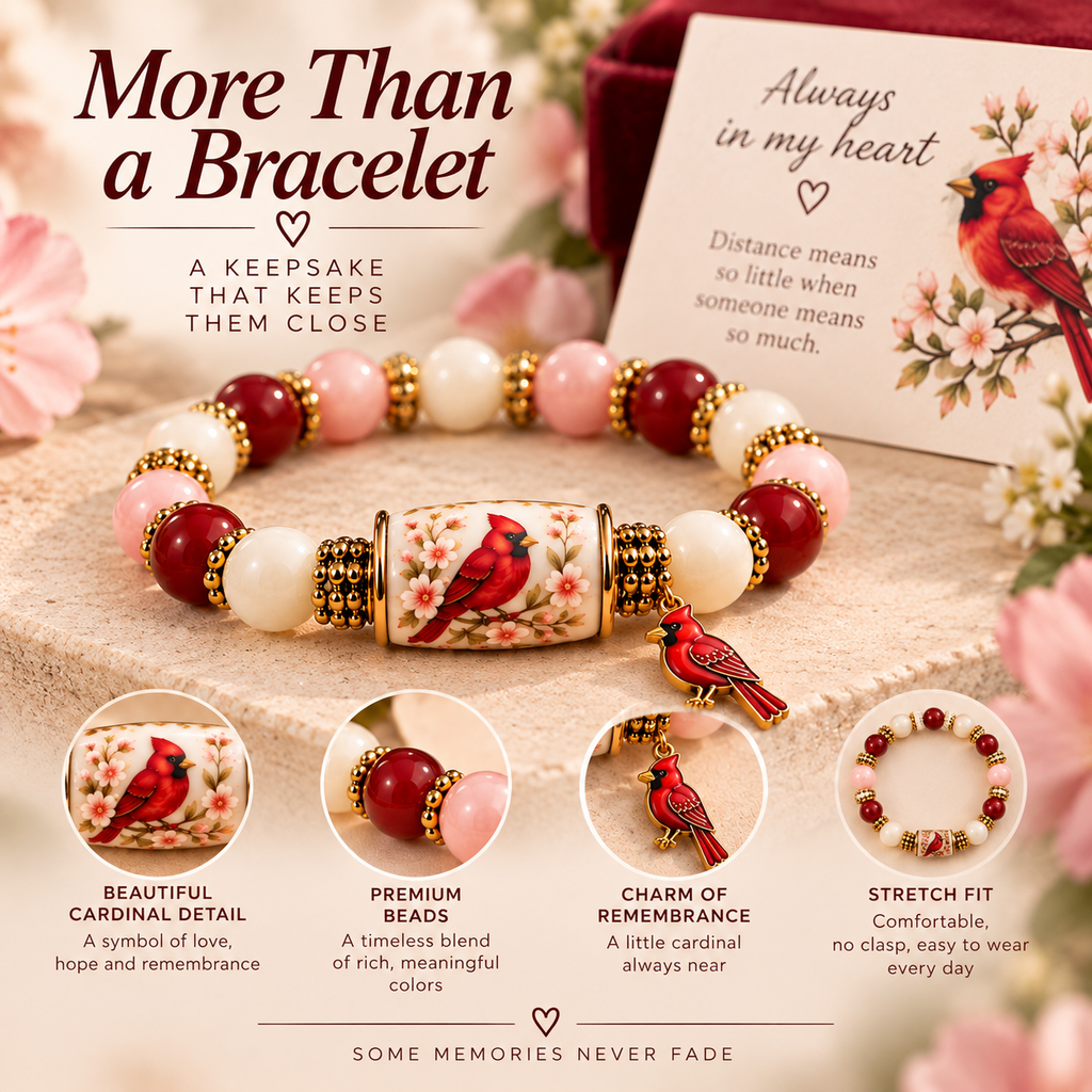 Cardinal Remembrance Beaded Bracelet final infographic with stretch fit and cardinal charm