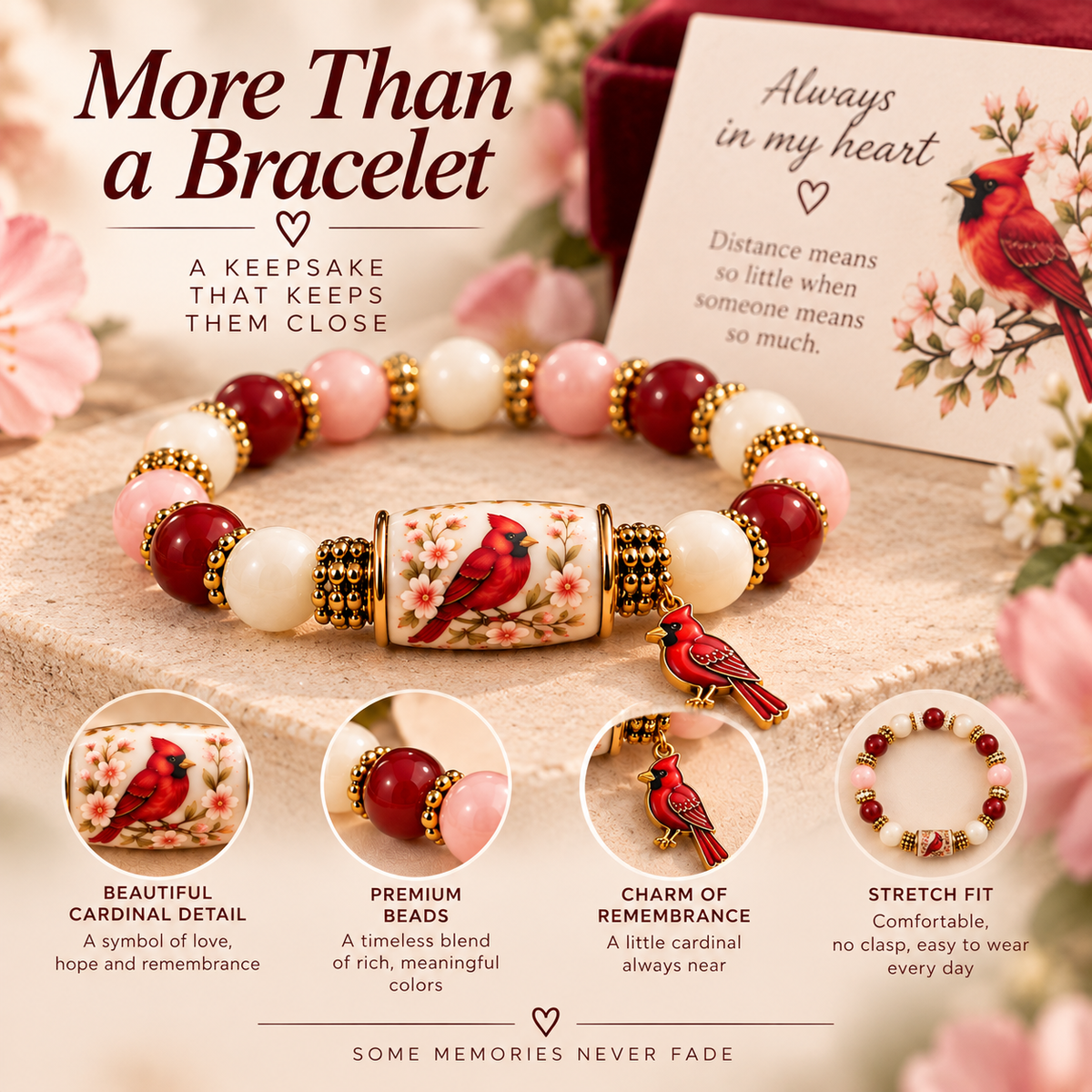 Cardinal Remembrance Beaded Bracelet final infographic with stretch fit and cardinal charm