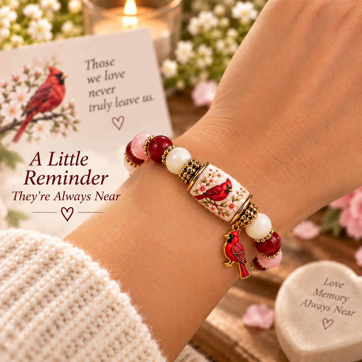 Cardinal Remembrance Beaded Bracelet lifestyle image with repositioned memorial text