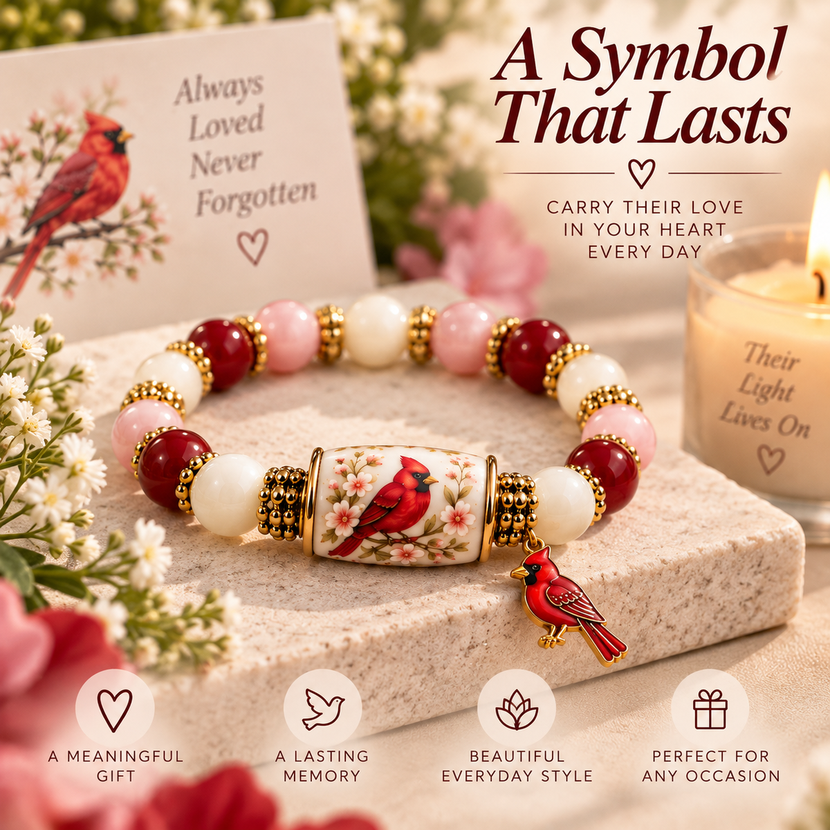 Cardinal Remembrance Beaded Bracelet memorial lifestyle image with cardinal charm