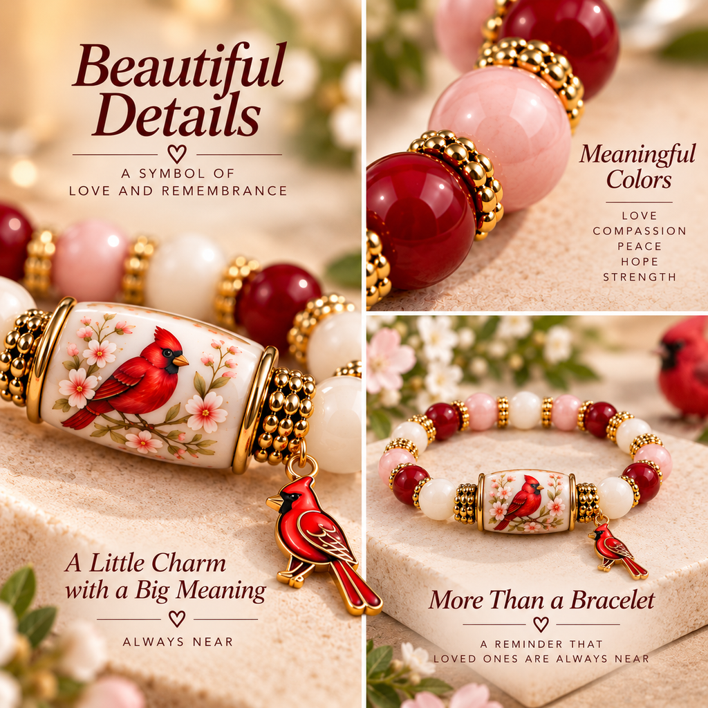 Cardinal Remembrance Beaded Bracelet three-panel detail collage with cardinal charm