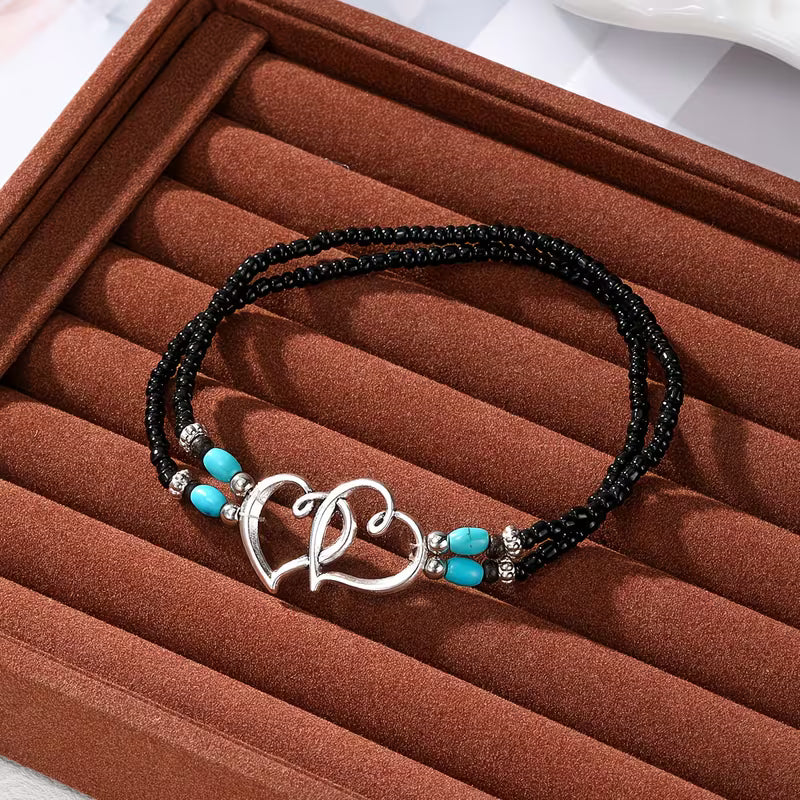 Summer Vibe: "Heartfelt Connection" Boho Double-Heart Anklet Set (4-pack)