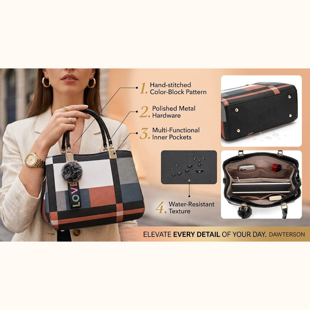 Chic Color-Block Plaid Satchel – Women’s Handbag with Pom-Pom Charm - Dawterson