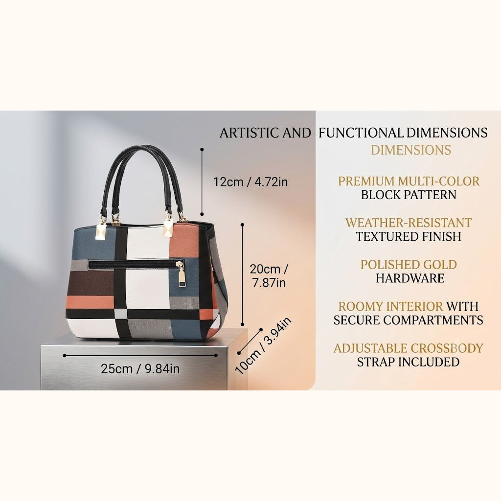 Chic Color-Block Plaid Satchel – Women’s Handbag with Pom-Pom Charm - Dawterson
