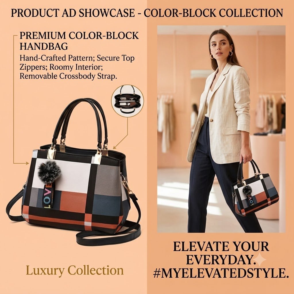 Chic Color-Block Plaid Satchel – Women’s Handbag with Pom-Pom Charm - Dawterson