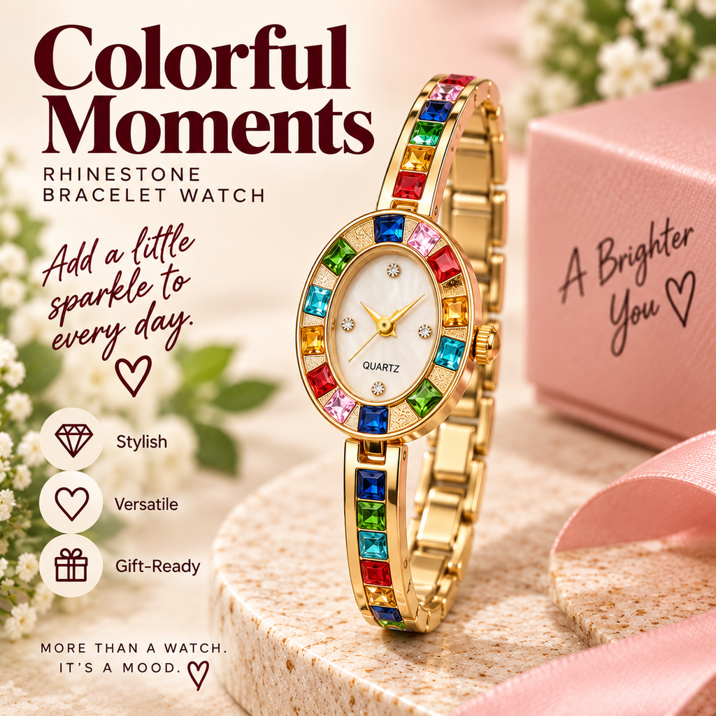 Colorful Moments Rhinestone Bracelet Watch hero image with single row of multicolor stones