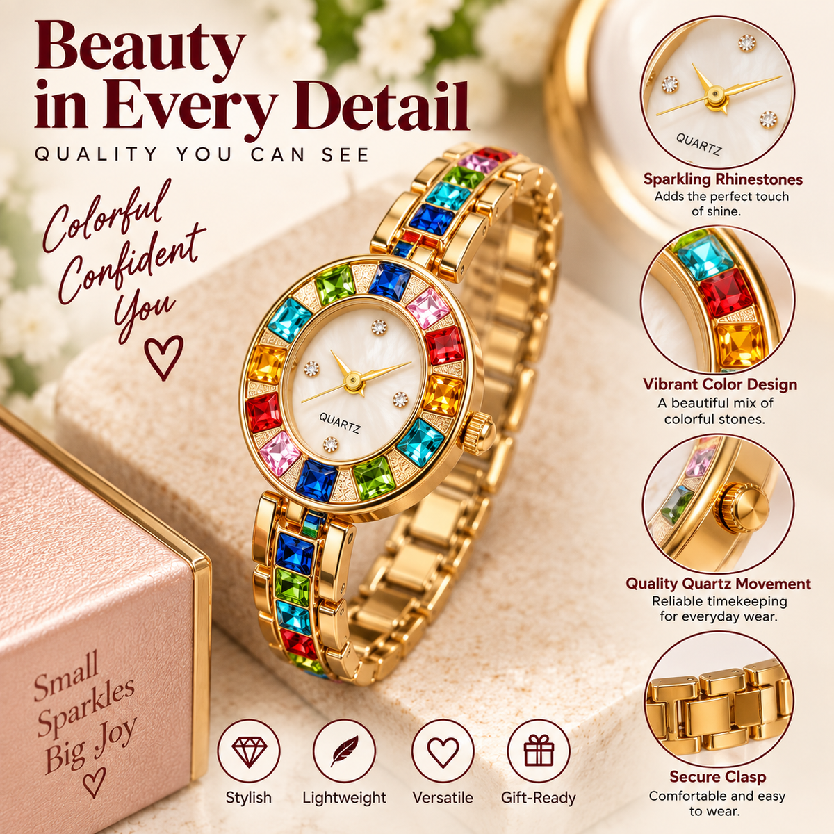 Colorful Moments Rhinestone Bracelet Watch feature details image