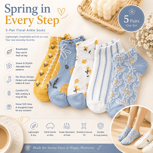 "Cottage Garden" Kids Vintage Floral Short Socks (5-Pair Pack) - Dawterson