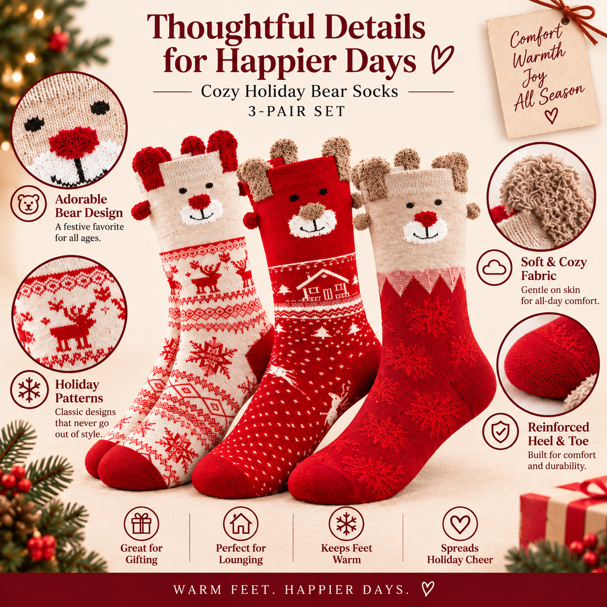 Cozy Holiday Bear Socks 3-pair set thoughtful details infographic