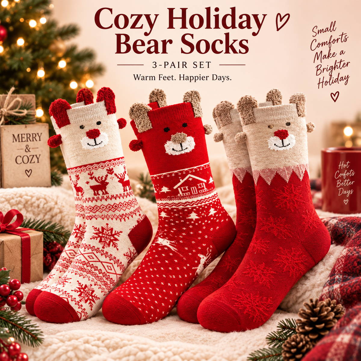 Cozy Holiday Bear Socks 3-Pair Set hero image