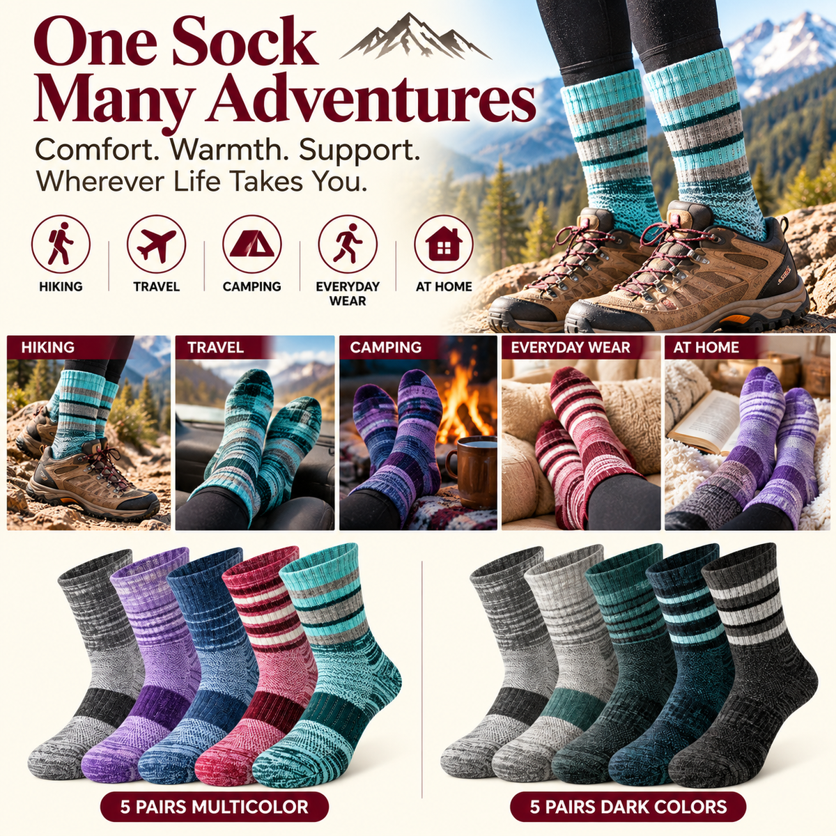 Cozy Merino Wool Hiking Socks multicolor and dark sets for hiking travel camping and home