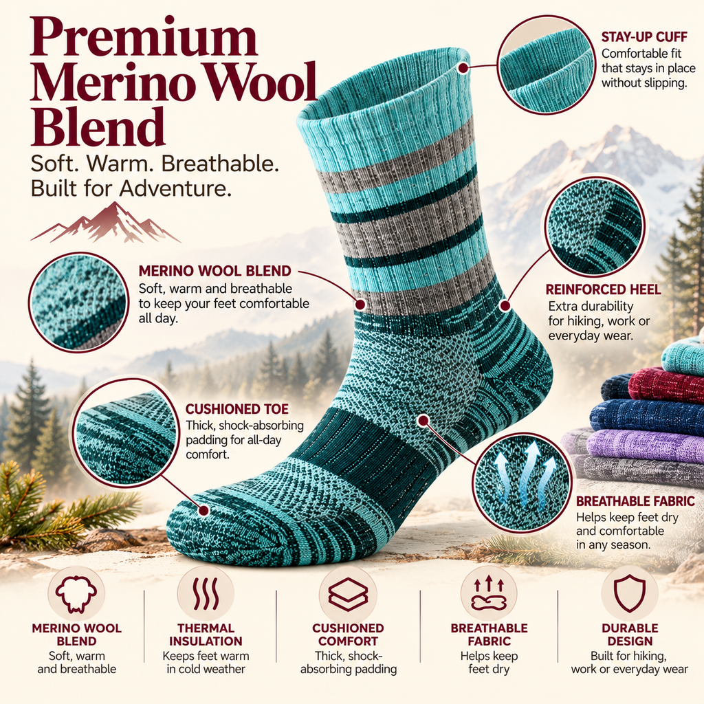 Cozy Merino Wool Hiking Socks premium features and cushioning